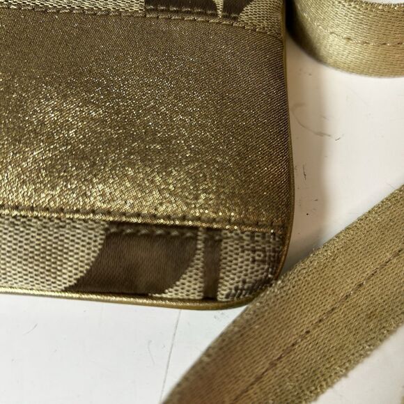 Coach Tan Brown Signature Canvas Champagne Gold Stripe Small Crossbody Bag - Picture 4 of 13